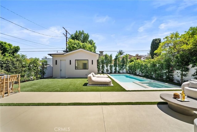 14738 Otsego St, Sherman Oaks, CA 91403 - view of pool featuring a patio area, an outbuilding, a fenced backyard, and a pool with connected hot tub