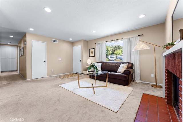 17300 Azalea Ct, La Puente, CA 91744 - living area with carpet flooring, recessed lighting, and a brick fireplace