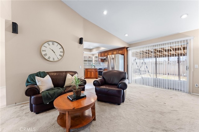 17300 Azalea Ct, La Puente, CA 91744 - living area with light carpet, vaulted ceiling, and recessed lighting