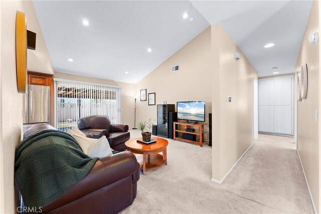 17300 Azalea Ct, La Puente, CA 91744 - living area with light colored carpet, recessed lighting, and high vaulted ceiling