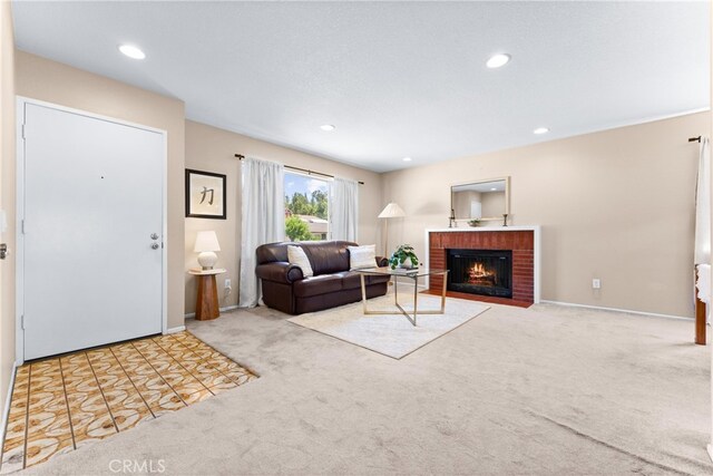 17300 Azalea Ct, La Puente, CA 91744 - living area featuring carpet floors, a brick fireplace, and recessed lighting