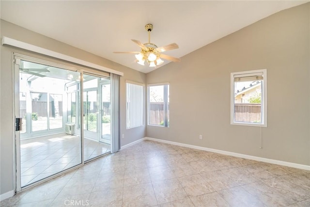 1870 S Jasmin Ct, Loma Linda, CA 92354 - unfurnished room featuring vaulted ceiling, ceiling fan, light tile patterned floors, and a sunroom