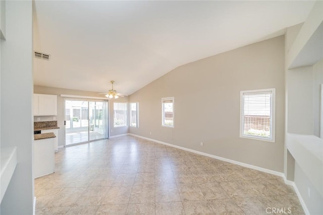 1870 S Jasmin Ct, Loma Linda, CA 92354 - spare room featuring ceiling fan, lofted ceiling, and light tile patterned floors