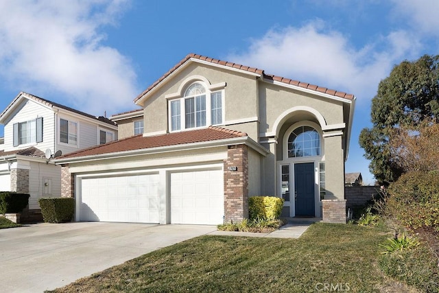 27829 Coldsprings Pl, Valencia, CA 91354 - view of front facade with driveway, a tile roof, stucco siding, an attached garage, and a front lawn