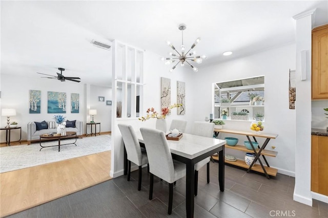 16728 Los Alimos St, Granada Hills, CA 91344 - dining space with a chandelier, recessed lighting, dark wood-type flooring, and ceiling fan