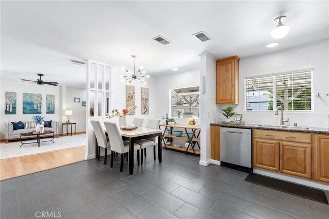 16728 Los Alimos St, Granada Hills, CA 91344 - dining room featuring recessed lighting, a chandelier, and a ceiling fan