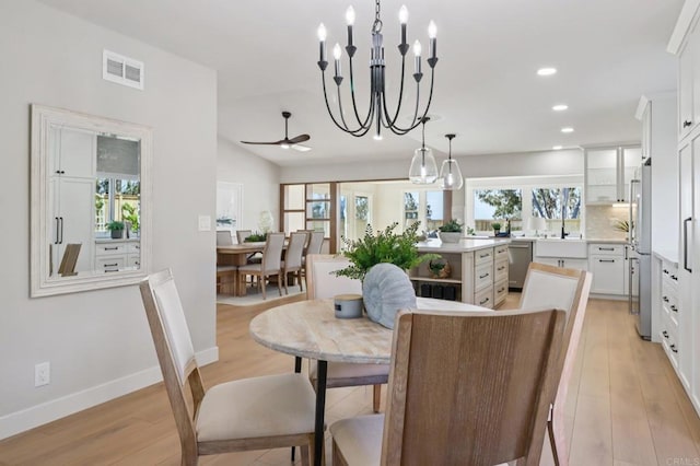 1358 Walnutview Dr, Encinitas, CA 92024 - dining space with ceiling fan, light wood-style flooring, recessed lighting, and a chandelier
