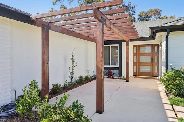 1358 Walnutview Dr, Encinitas, CA 92024 - doorway to property featuring roof with shingles and a pergola