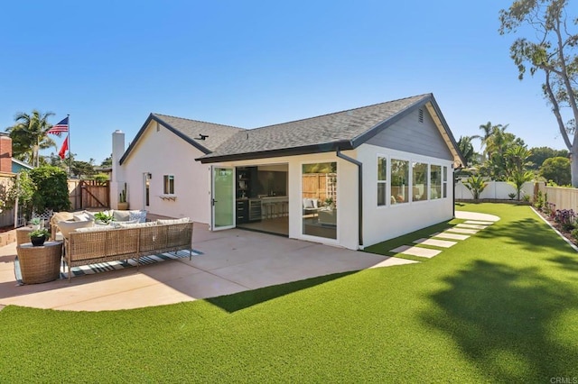 1358 Walnutview Dr, Encinitas, CA 92024 - rear view of property featuring an outdoor living space, a fenced backyard, a patio area, a shingled roof, and stucco siding