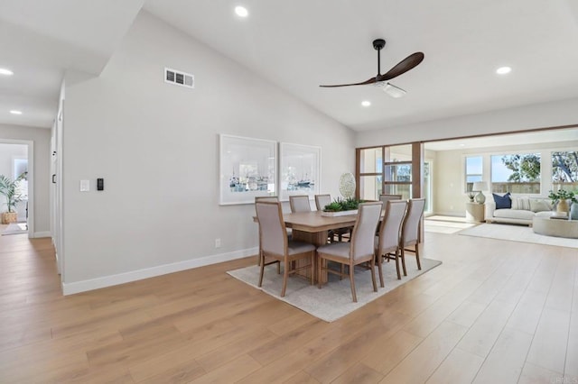1358 Walnutview Dr, Encinitas, CA 92024 - dining area with a ceiling fan, light wood-type flooring, recessed lighting, and high vaulted ceiling