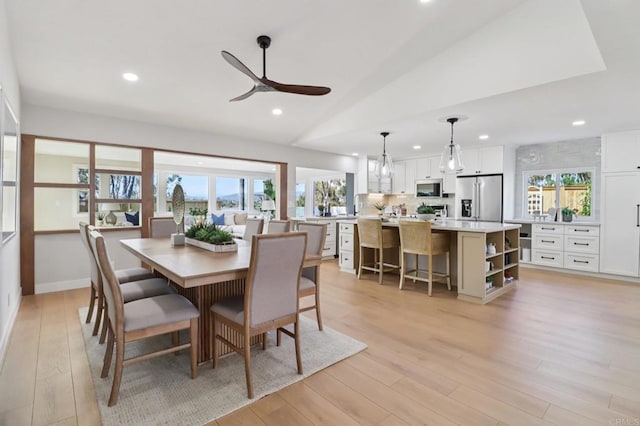 1358 Walnutview Dr, Encinitas, CA 92024 - dining space featuring ceiling fan, light wood-style floors, recessed lighting, and lofted ceiling