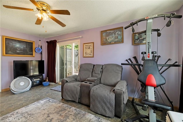 341 Mellane Cir, Orland, CA 95963 - living room with stone finish flooring, ceiling fan, and a textured ceiling
