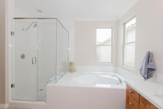 2740 E Bainbridge Rd, San Diego, CA 92106 - bathroom featuring a garden tub, a shower stall, ornamental molding, and vanity