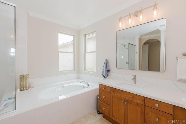 2740 E Bainbridge Rd, San Diego, CA 92106 - full bathroom with vanity, a garden tub, a shower stall, crown molding, and tile patterned floors
