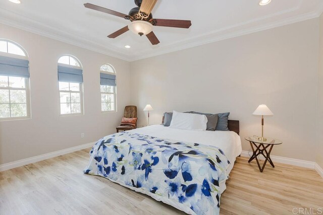 2740 E Bainbridge Rd, San Diego, CA 92106 - bedroom with light wood-style floors, crown molding, recessed lighting, and ceiling fan
