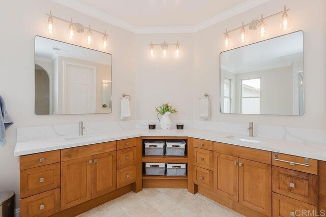 2740 E Bainbridge Rd, San Diego, CA 92106 - bathroom featuring double vanity, ornamental molding, and tile patterned flooring