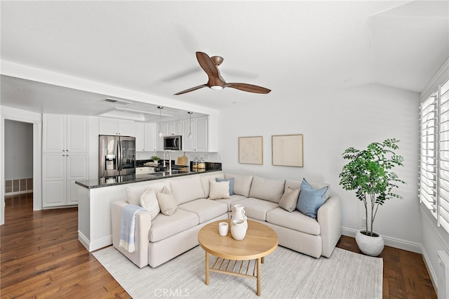 18 Saint Thomas, Laguna Niguel, CA 92677 - living room featuring a ceiling fan, lofted ceiling, and dark wood-style floors