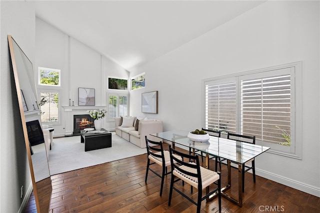 18 Saint Thomas, Laguna Niguel, CA 92677 - dining room with high vaulted ceiling, a glass covered fireplace, and dark wood-style floors