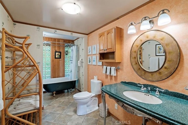 2310 Oak Haven Ln, Arroyo Grande, CA 93420 - bathroom with a soaking tub, ornamental molding, tile patterned flooring, and curtained shower