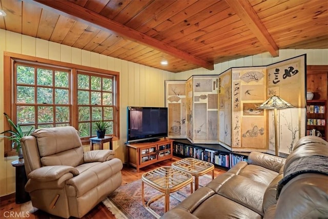 2310 Oak Haven Ln, Arroyo Grande, CA 93420 - living area featuring wood finished floors, a wooden ceiling with exposed beams, and wooden walls