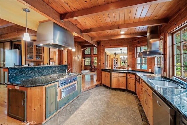 2310 Oak Haven Ln, Arroyo Grande, CA 93420 - kitchen with range hood, stainless steel appliances, island range hood, wood walls, and a wood ceiling with exposed beams