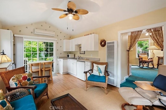 2310 Oak Haven Ln, Arroyo Grande, CA 93420 - living area featuring a heating unit, an AC wall unit, plenty of natural light, vaulted ceiling, and ceiling fan