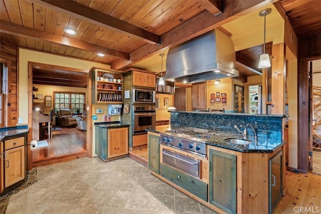 2310 Oak Haven Ln, Arroyo Grande, CA 93420 - kitchen with appliances with stainless steel finishes, range hood, a warming drawer, a wooden ceiling with exposed beams, and hanging light fixtures