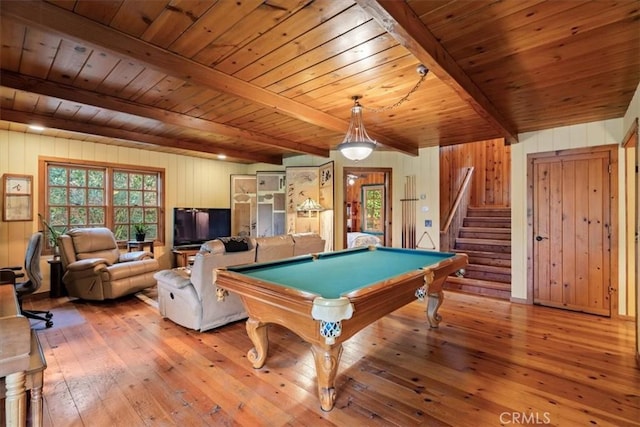 2310 Oak Haven Ln, Arroyo Grande, CA 93420 - game room with light wood-style floors, a wooden ceiling with exposed beams, wooden walls, and pool table
