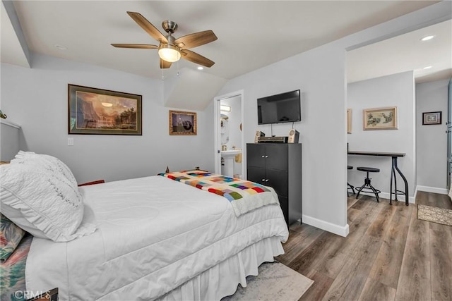 16635 Mountain View Dr, Cobb, CA 95426 - bedroom with wood finished floors, recessed lighting, ceiling fan, and ensuite bathroom