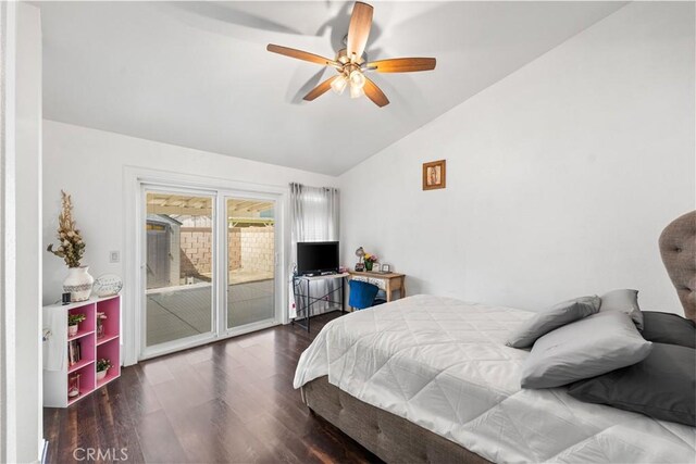 2019 Greentree St, Lancaster, CA 93535 - bedroom with lofted ceiling, access to exterior, wood finished floors, and a ceiling fan