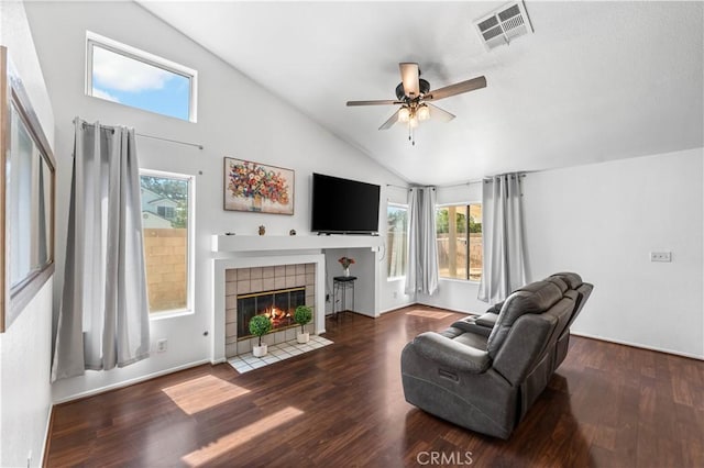 2019 Greentree St, Lancaster, CA 93535 - living area with vaulted ceiling, ceiling fan, a fireplace, and wood finished floors