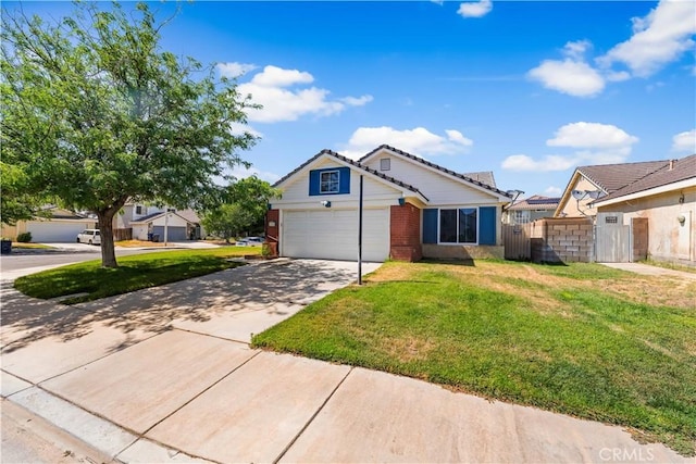2019 Greentree St, Lancaster, CA 93535 - view of front of house with concrete driveway, brick siding, a tiled roof, and a garage