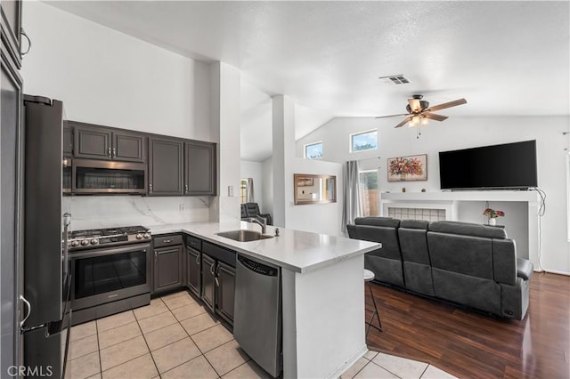 2019 Greentree St, Lancaster, CA 93535 - kitchen featuring stainless steel appliances, a peninsula, vaulted ceiling, a ceiling fan, and light countertops