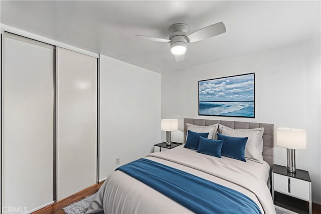 2019 Greentree St, Lancaster, CA 93535 - bedroom featuring wood finished floors, a closet, and ceiling fan