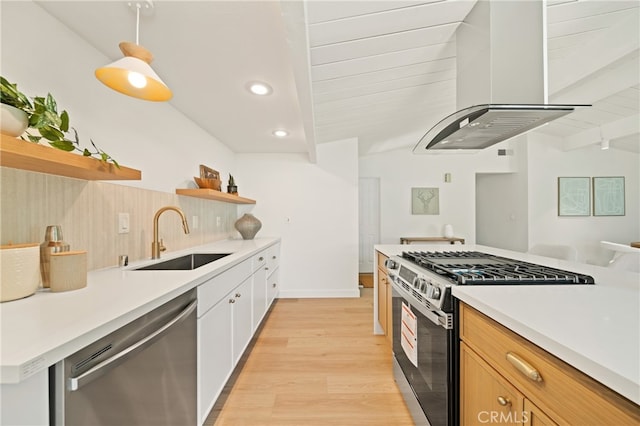5839 Los Santos Way, Buena Park, CA 90620 - kitchen with appliances with stainless steel finishes, open shelves, light wood-style flooring, island exhaust hood, and light countertops