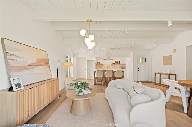 5839 Los Santos Way, Buena Park, CA 90620 - living room with a wooden ceiling with exposed beams, light wood-style flooring, plenty of natural light, and rail lighting