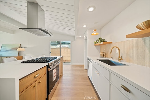 5839 Los Santos Way, Buena Park, CA 90620 - kitchen featuring wall chimney range hood, stainless steel appliances, open shelves, light wood-style floors, and light countertops