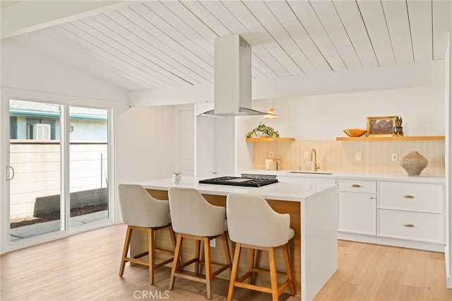 5839 Los Santos Way, Buena Park, CA 90620 - kitchen featuring open shelves, ventilation hood, white cabinets, wooden ceiling, and light countertops