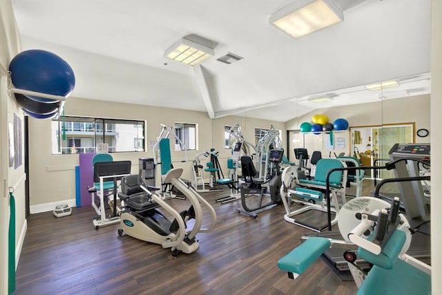 1508 Circa Del Lago Unit B205, San Marcos, CA 92078 - workout area featuring lofted ceiling and wood finished floors