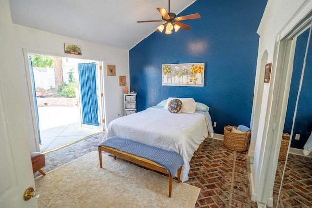 39668 Roripaugh Rd, Temecula, CA 92591 - bedroom featuring vaulted ceiling, brick flooring, access to outside, and a ceiling fan