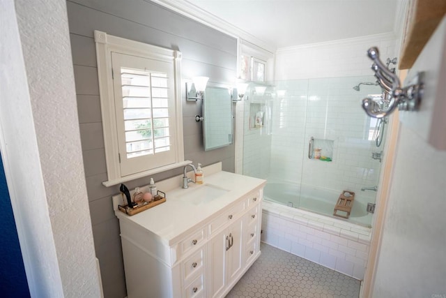39668 Roripaugh Rd, Temecula, CA 92591 - full bathroom featuring tiled shower / bath, vanity, ornamental molding, and tile patterned flooring