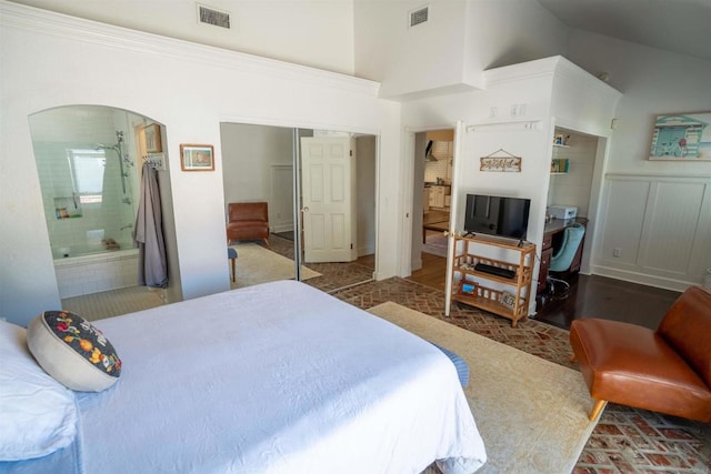 39668 Roripaugh Rd, Temecula, CA 92591 - bedroom featuring high vaulted ceiling, arched walkways, a closet, and connected bathroom