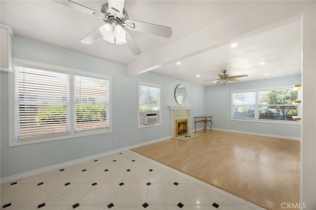 8328 Fernadel Ave, Pico Rivera, CA 90660 - unfurnished living room with a ceiling fan, recessed lighting, beamed ceiling, tile patterned floors, and a fireplace