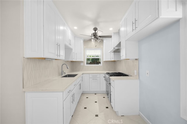 8328 Fernadel Ave, Pico Rivera, CA 90660 - kitchen featuring high end stove, extractor fan, recessed lighting, backsplash, and a ceiling fan
