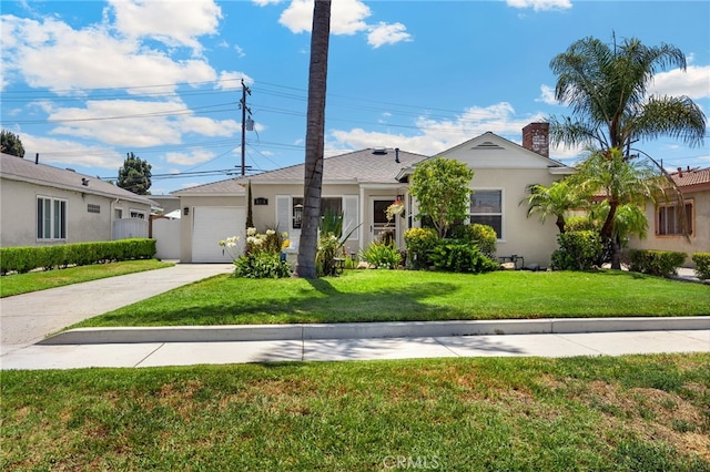 8328 Fernadel Ave, Pico Rivera, CA 90660 - view of front of property with concrete driveway, a front lawn, stucco siding, a garage, and a chimney