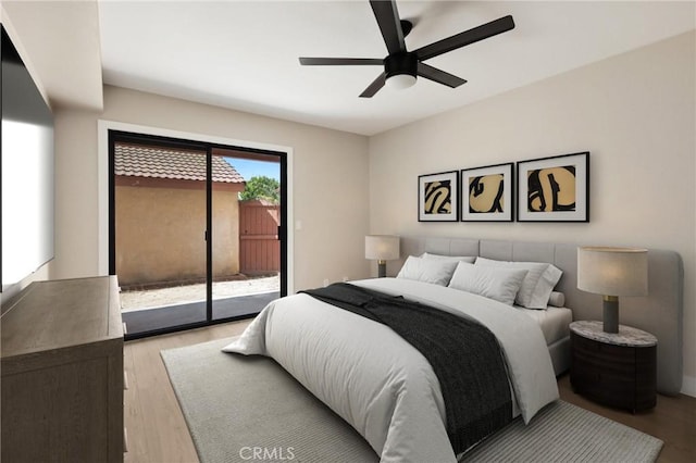 2639 Cameron Unit 119, Anaheim, CA 92801 - bedroom with access to exterior, light wood-style floors, and ceiling fan