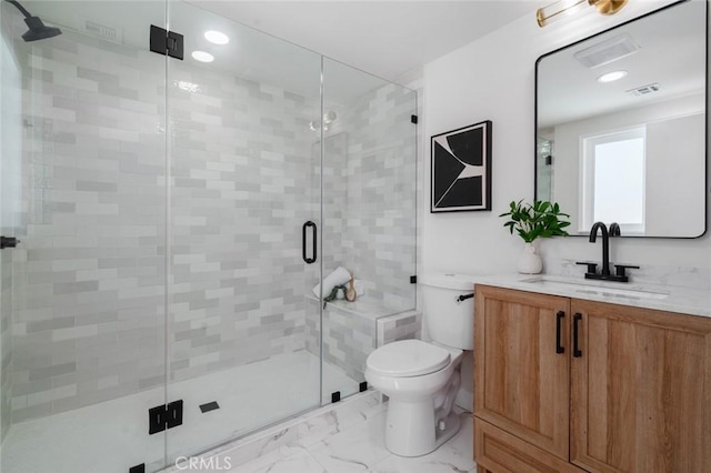 413 N Rimhurst Ave, Covina, CA 91724 - bathroom with marble finish flooring, vanity, a stall shower, and recessed lighting