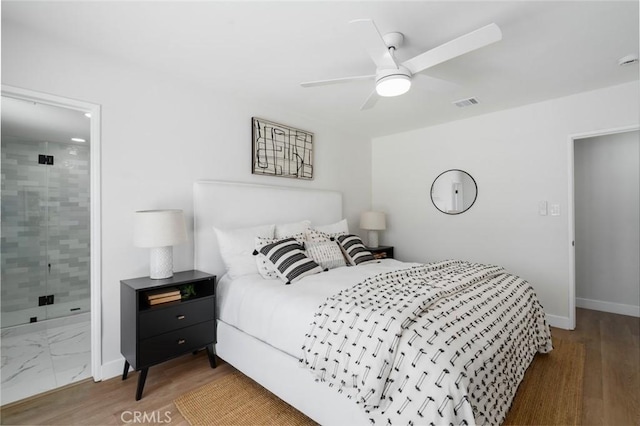 413 N Rimhurst Ave, Covina, CA 91724 - bedroom featuring ensuite bathroom, wood finished floors, and a ceiling fan