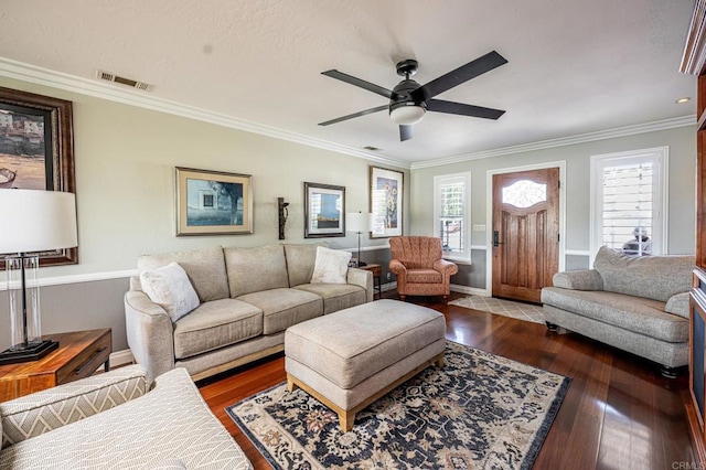 1926 Pamela Ln, Escondido, CA 92026 - living area with a ceiling fan, wood finished floors, and crown molding