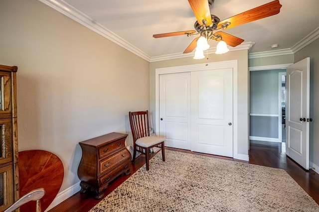 1926 Pamela Ln, Escondido, CA 92026 - living area featuring dark wood-type flooring, crown molding, and a ceiling fan